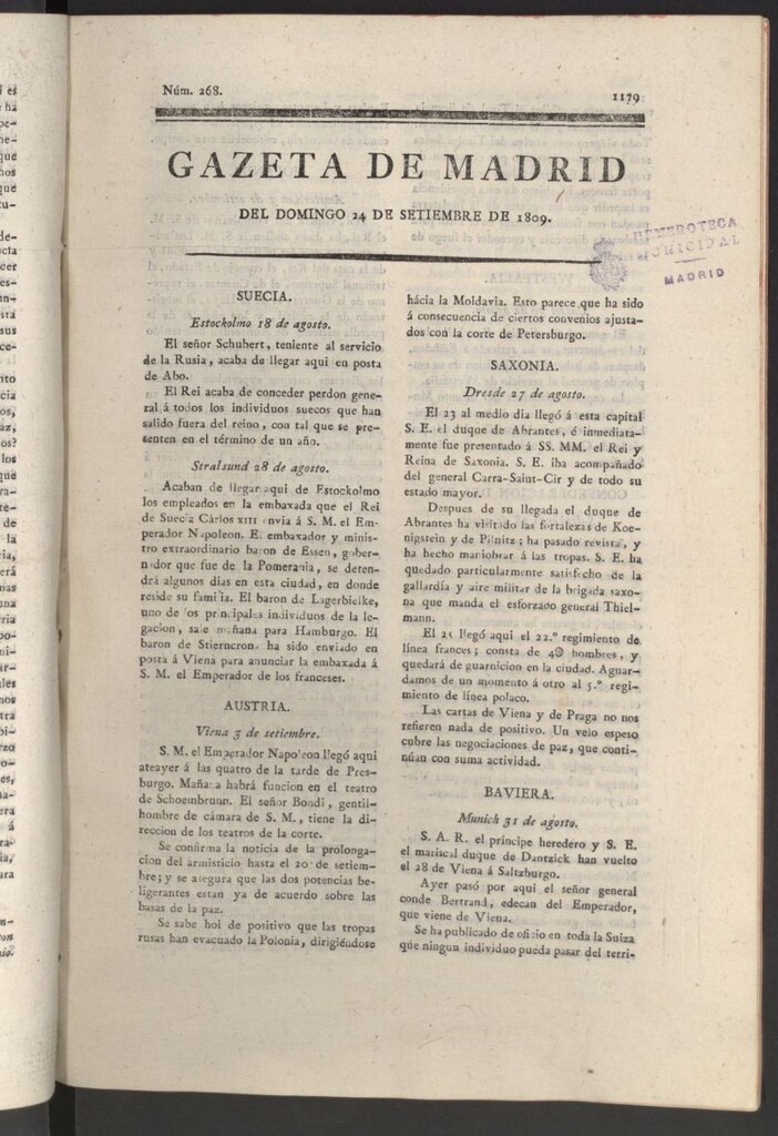 Miniatura de Gazeta de Madrid del 24 de septiembre de 1809