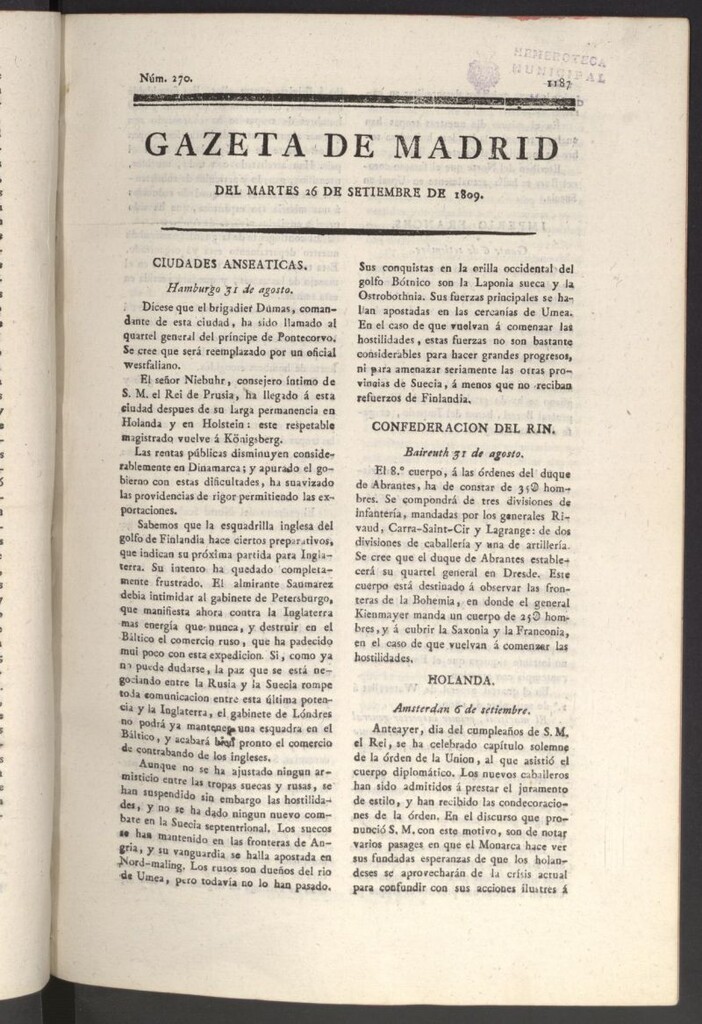Miniatura de Gazeta de Madrid del 26 de septiembre de 1809