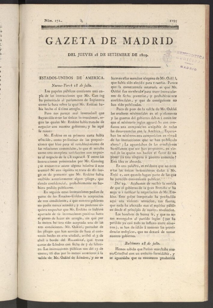 Miniatura de Gazeta de Madrid del 28 de septiembre de 1809