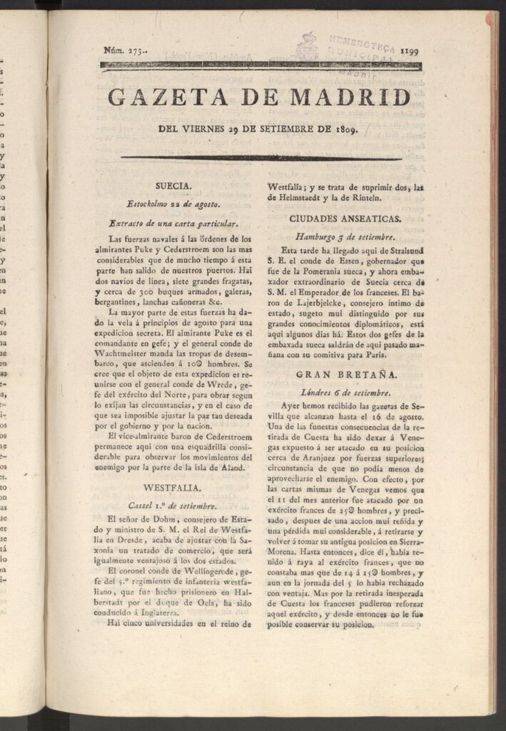 Miniatura de Gazeta de Madrid del 29 de septiembre de 1809