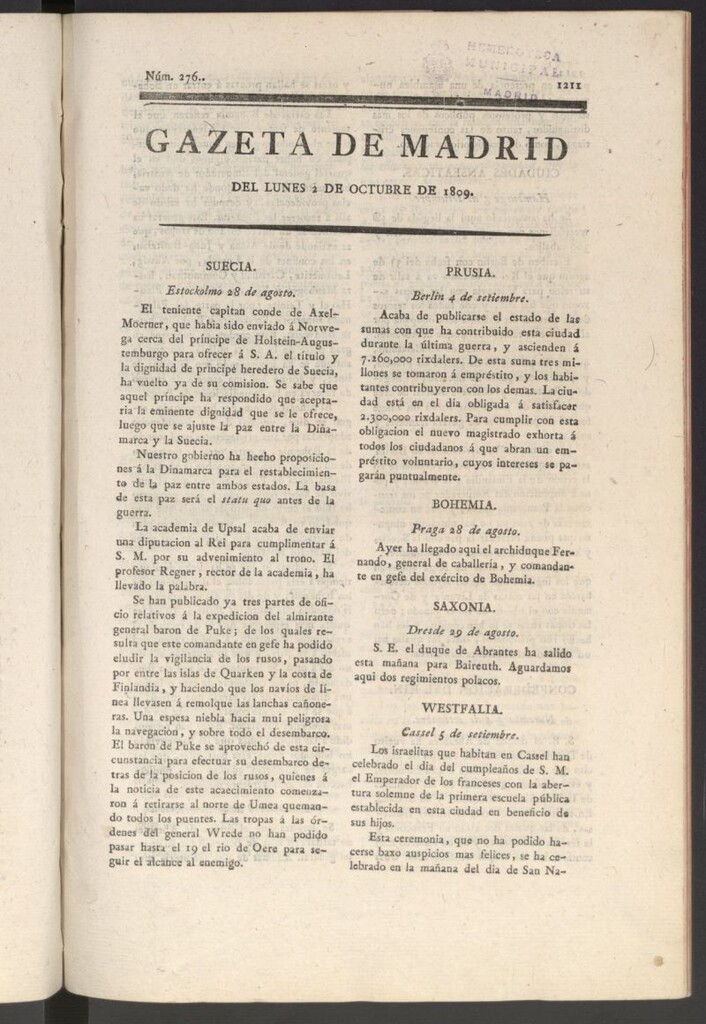 Miniatura de Gazeta de Madrid del 2 de octubre de 1809