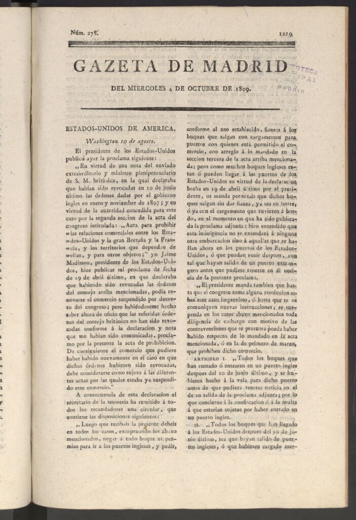 Miniatura de Gazeta de Madrid del 4 de octubre de 1809