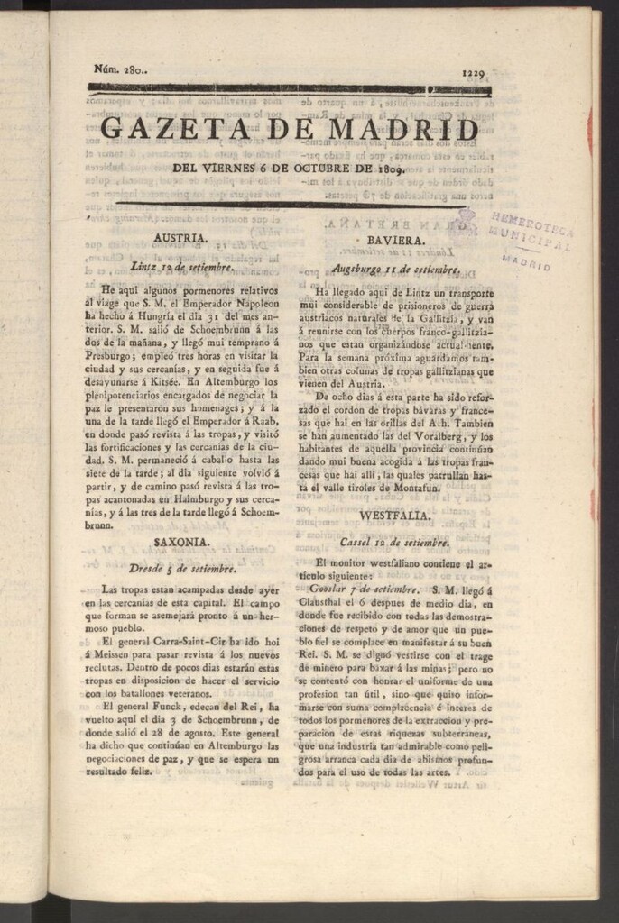 Miniatura de Gazeta de Madrid del 6 de octubre de 1809