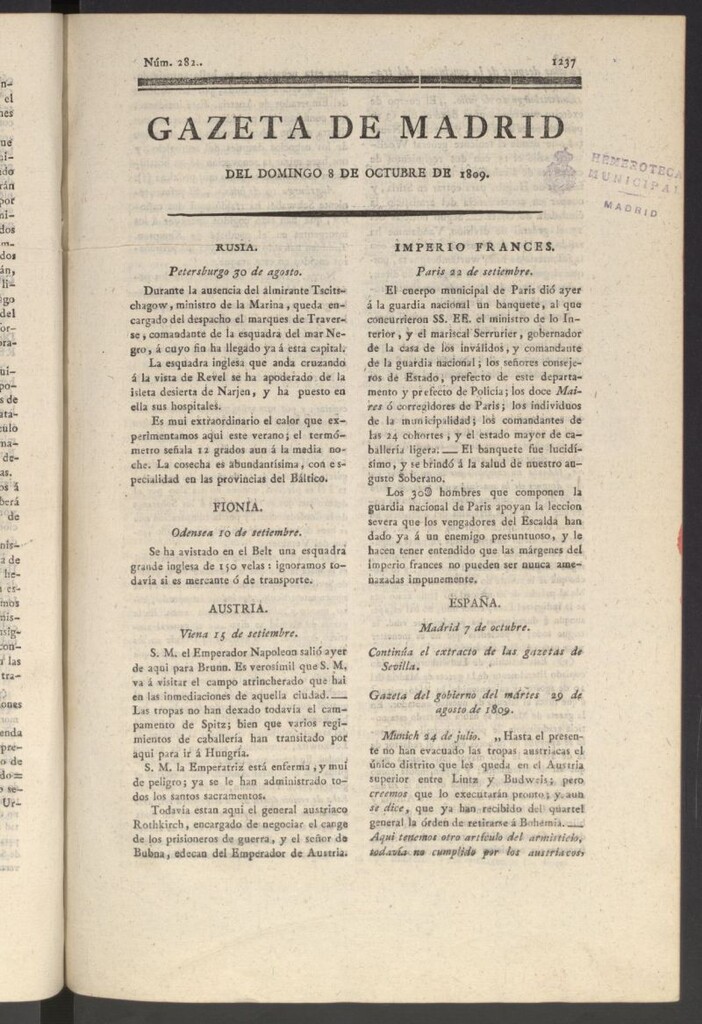 Miniatura de Gazeta de Madrid del 8 de octubre de 1809