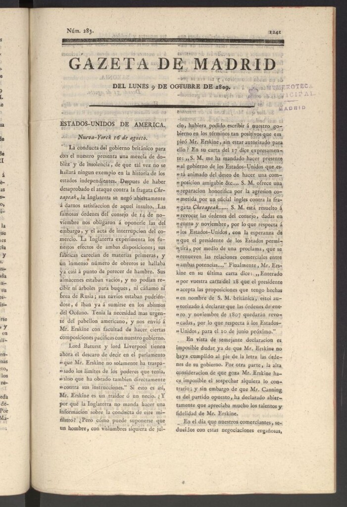 Miniatura de Gazeta de Madrid del 9 de octubre de 1809