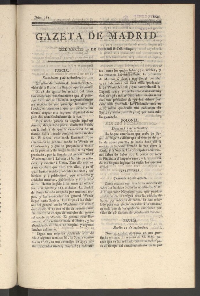 Miniatura de Gazeta de Madrid del 10 de octubre de 1809