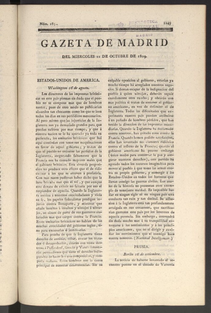 Miniatura de Gazeta de Madrid del 11 de octubre de 1809