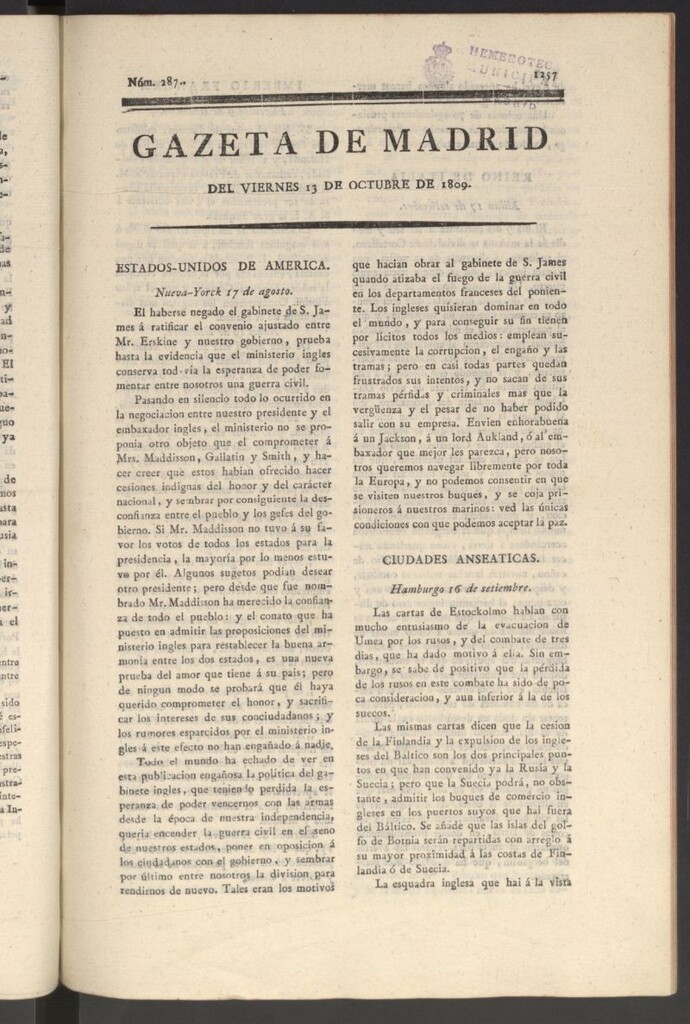 Miniatura de Gazeta de Madrid del 13 de octubre de 1809