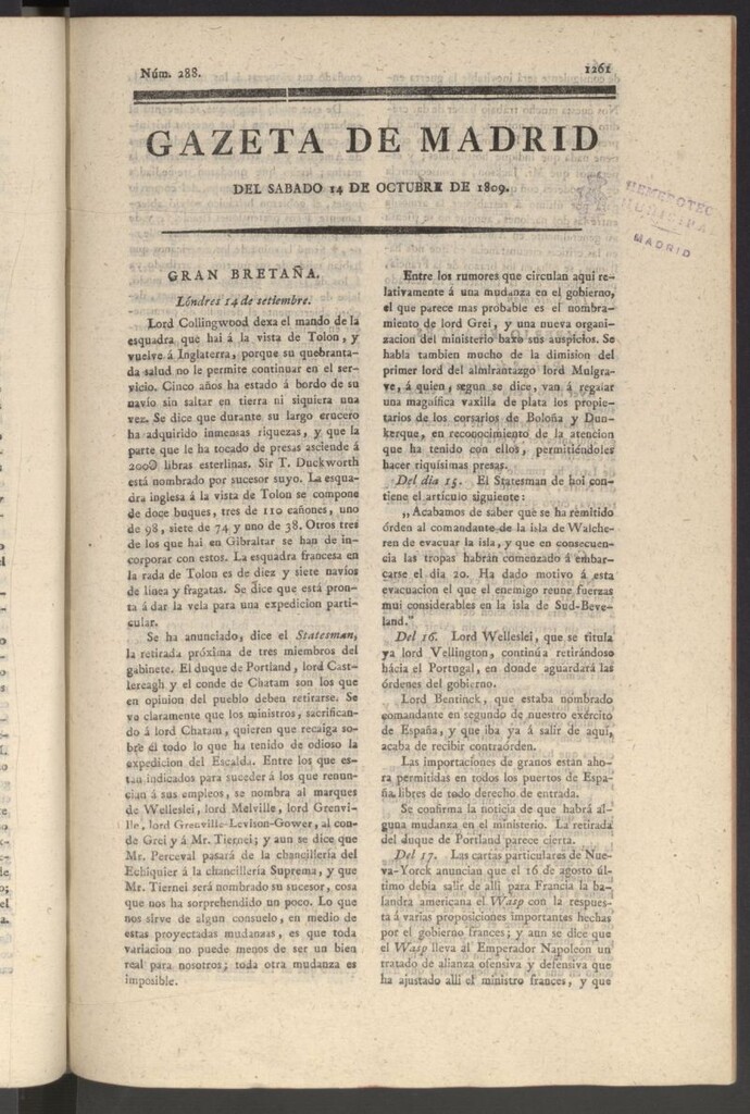 Miniatura de Gazeta de Madrid del 14 de octubre de 1809