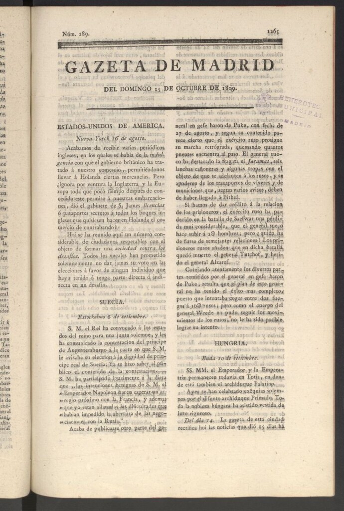 Miniatura de Gazeta de Madrid del 15 de octubre de 1809