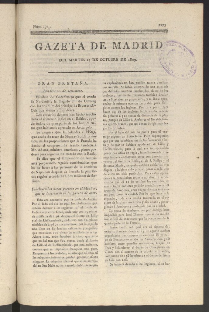 Miniatura de Gazeta de Madrid del 17 de octubre de 1809