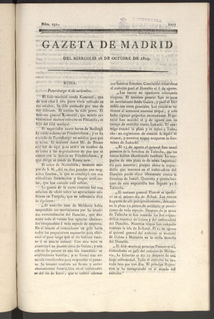 Miniatura de Gazeta de Madrid del 18 de octubre de 1809
