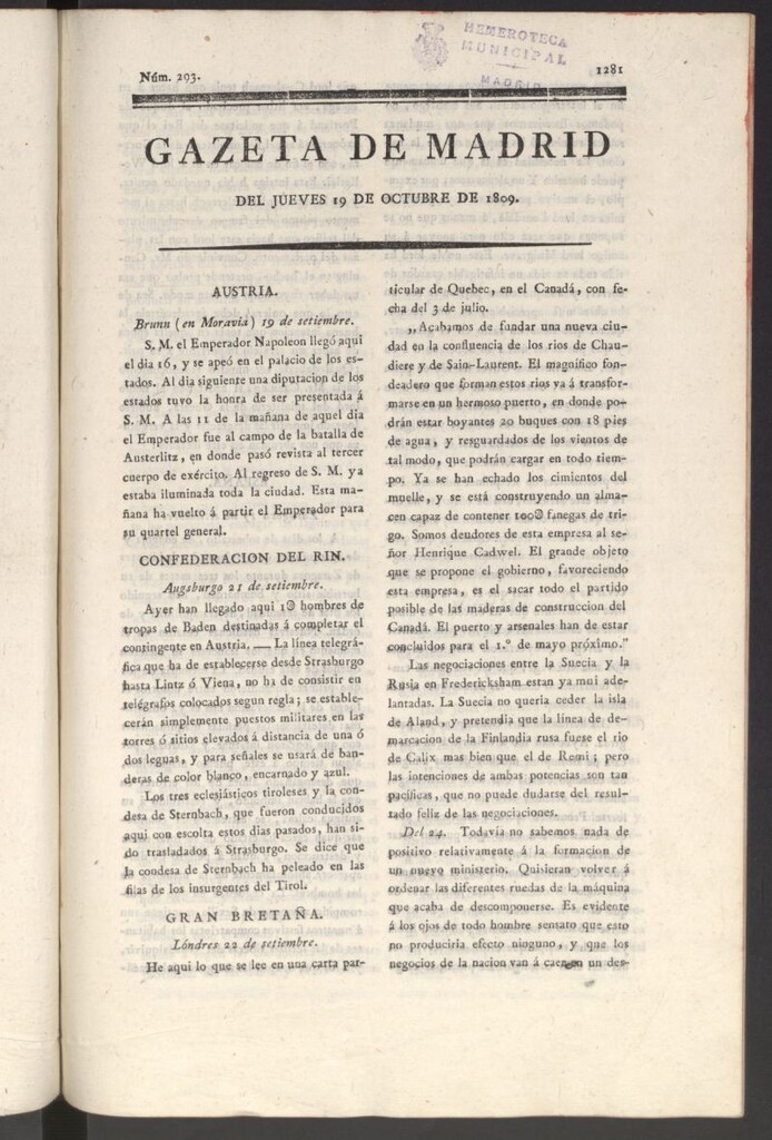 Miniatura de Gazeta de Madrid del 19 de octubre de 1809