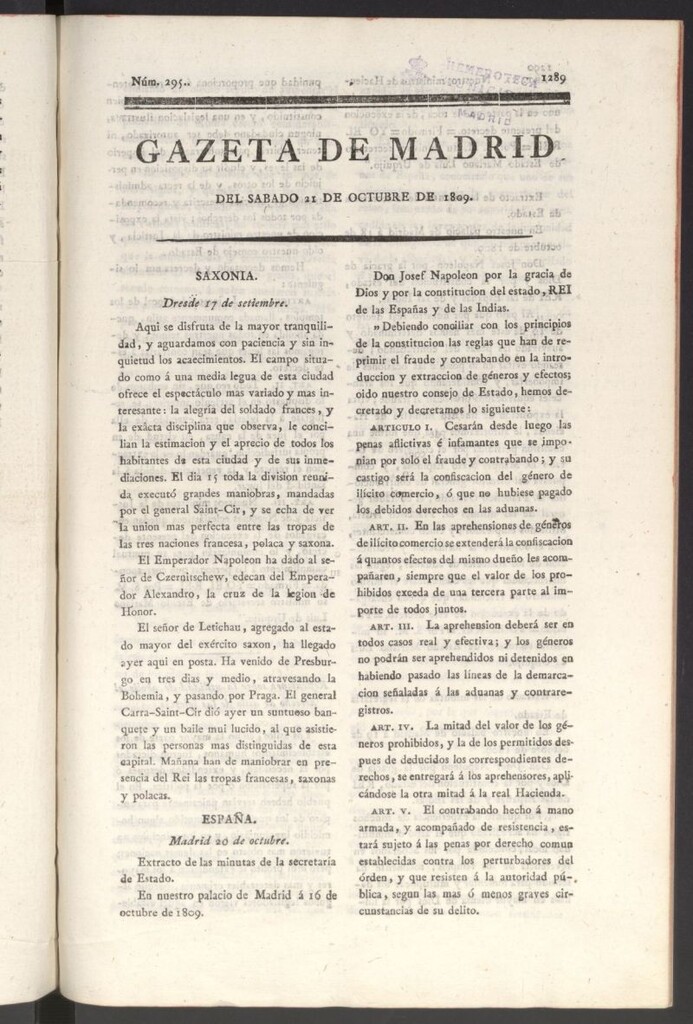 Miniatura de Gazeta de Madrid del 21 de octubre de 1809