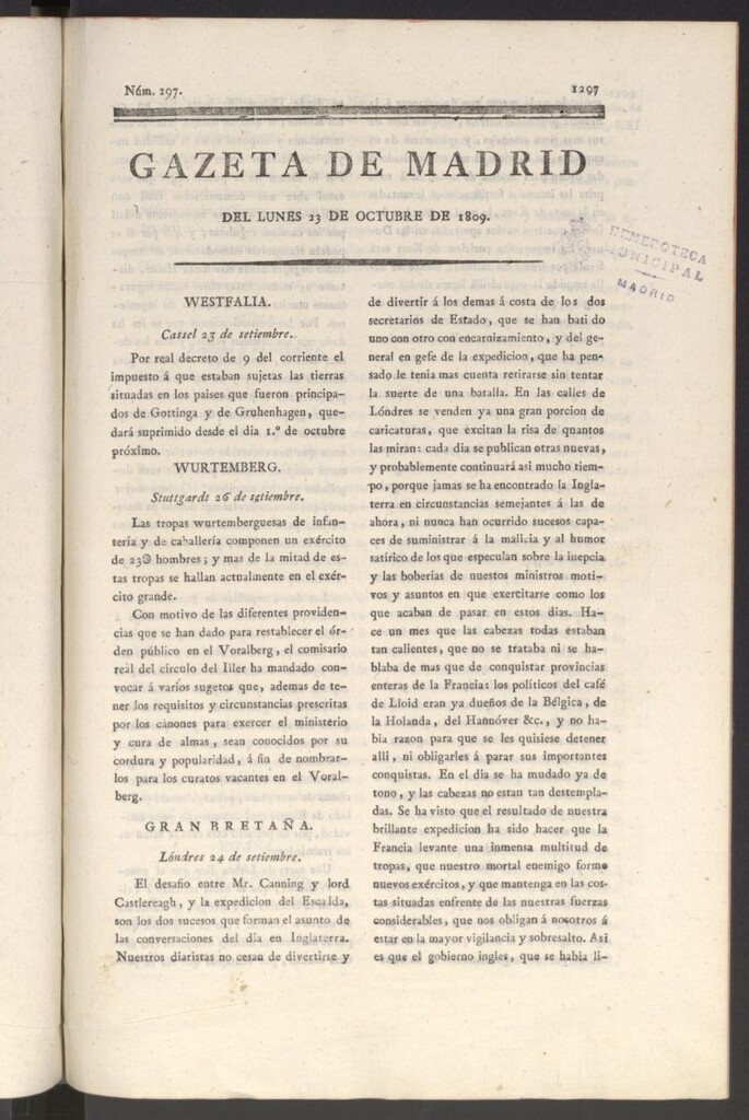 Miniatura de Gazeta de Madrid del 23 de octubre de 1809
