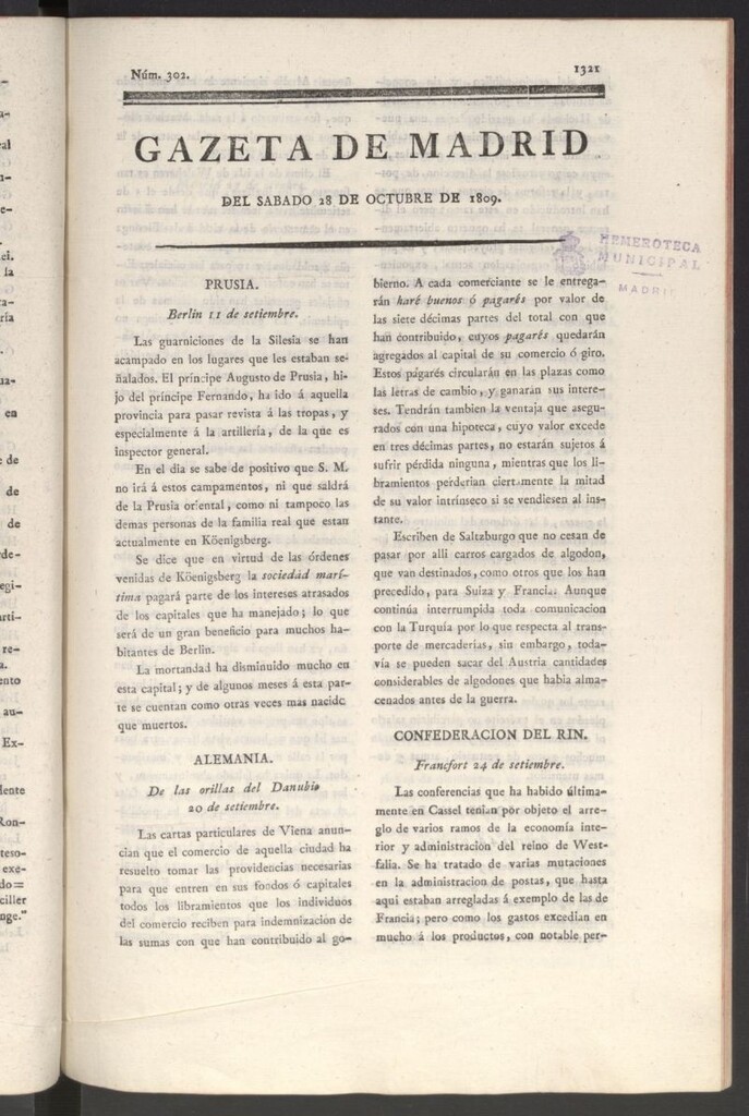 Miniatura de Gazeta de Madrid del 28 de octubre de 1809