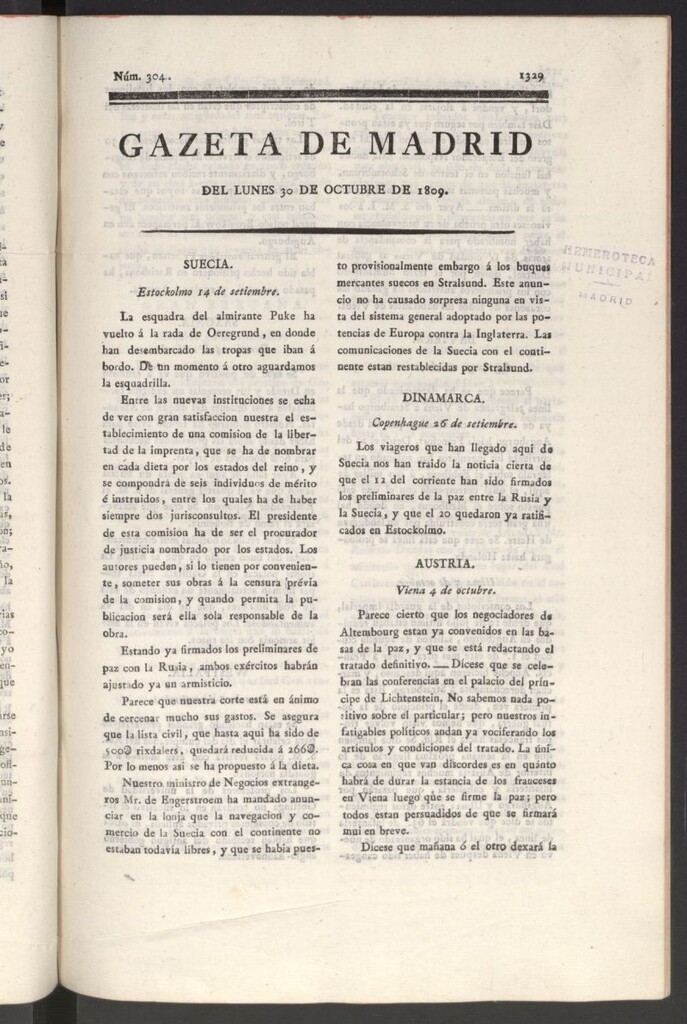 Miniatura de Gazeta de Madrid del 30 de octubre de 1809