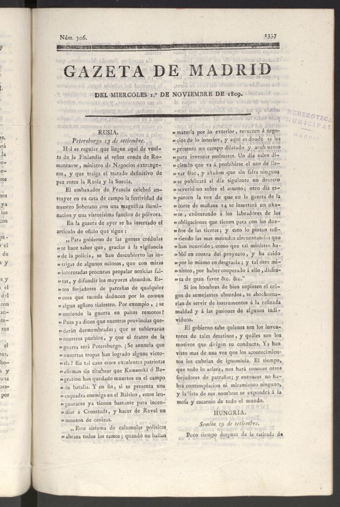 Miniatura de Gazeta de Madrid del 1 de noviembre de 1809