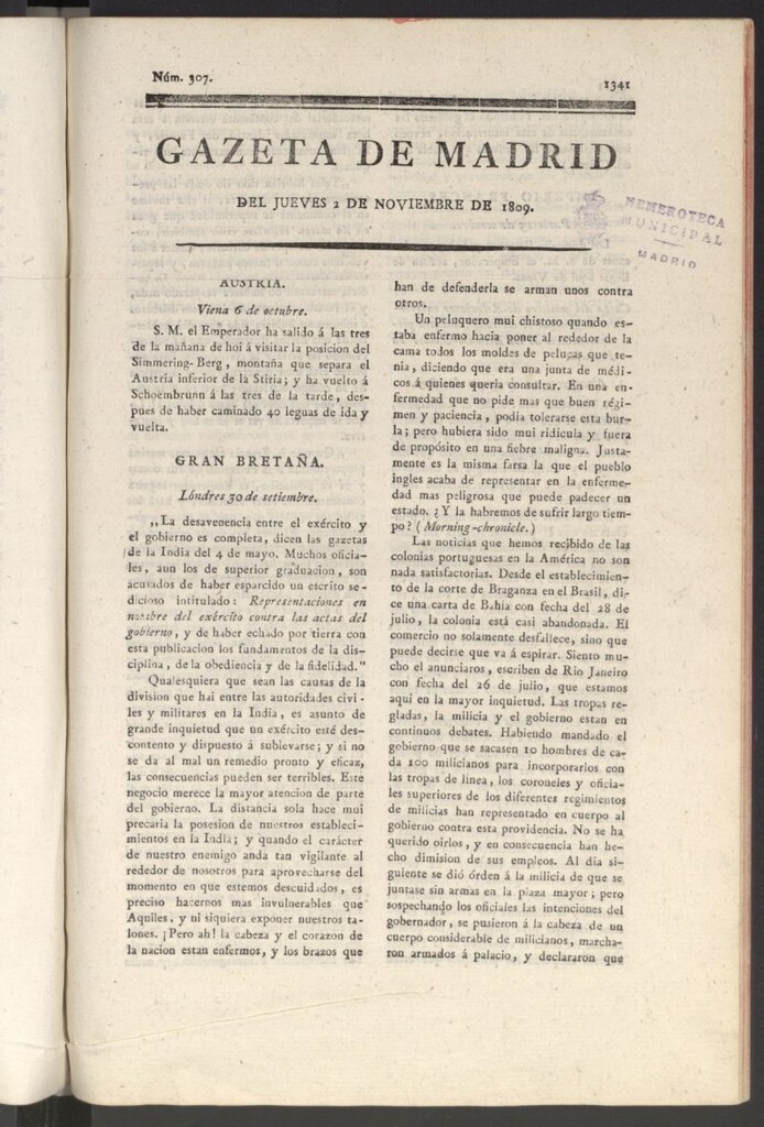 Miniatura de Gazeta de Madrid del 2 de noviembre de 1809