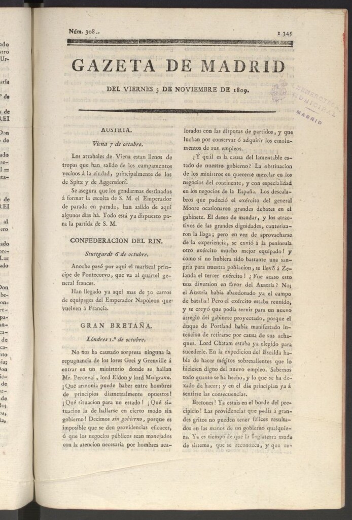 Miniatura de Gazeta de Madrid del 3 de noviembre de 1809