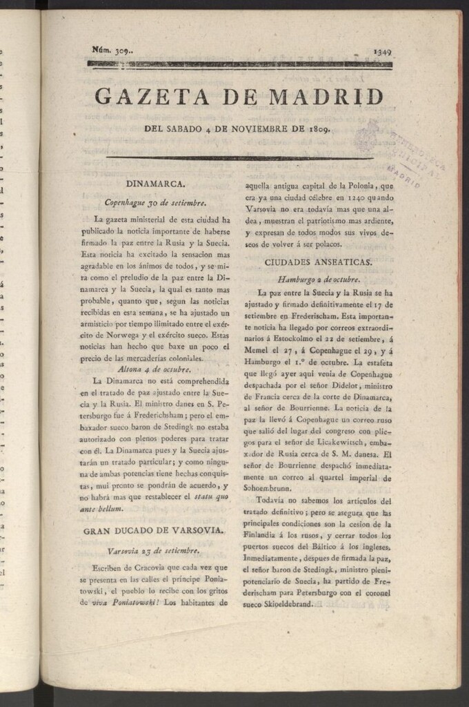 Miniatura de Gazeta de Madrid del 4 de noviembre de 1809