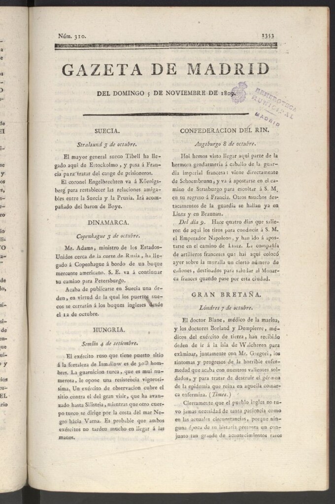 Miniatura de Gazeta de Madrid del 5 de noviembre de 1809