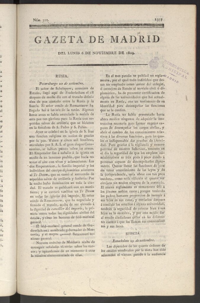 Miniatura de Gazeta de Madrid del 6 de noviembre de 1809