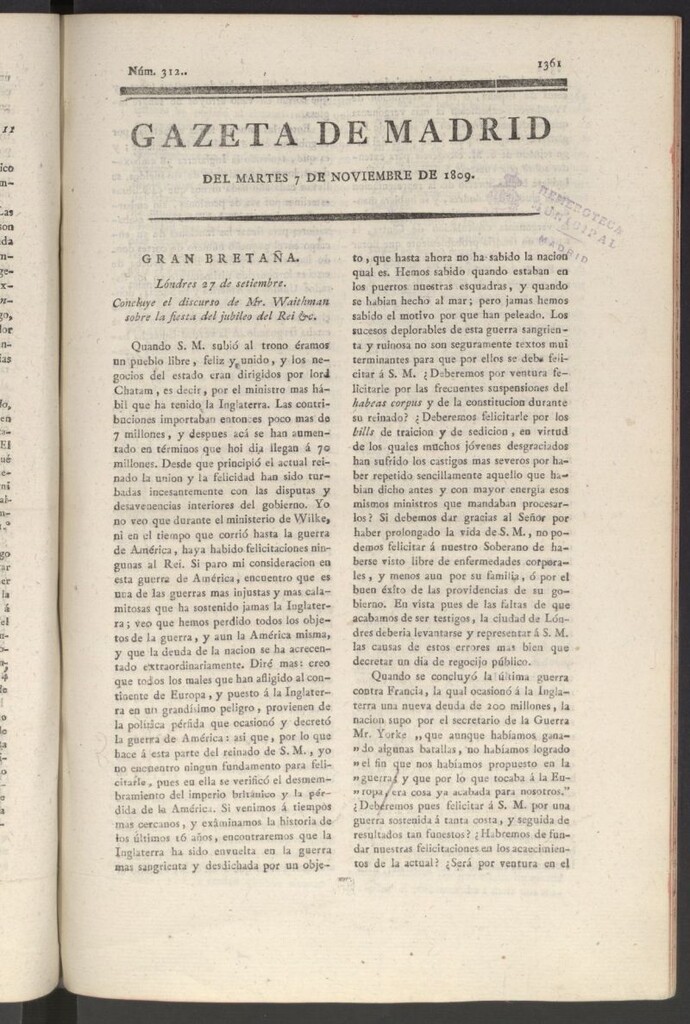 Miniatura de Gazeta de Madrid del 7 de noviembre de 1809