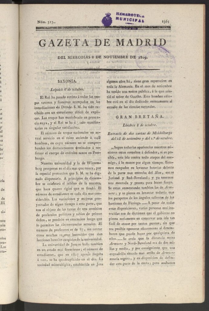 Miniatura de Gazeta de Madrid del 8 de noviembre de 1809