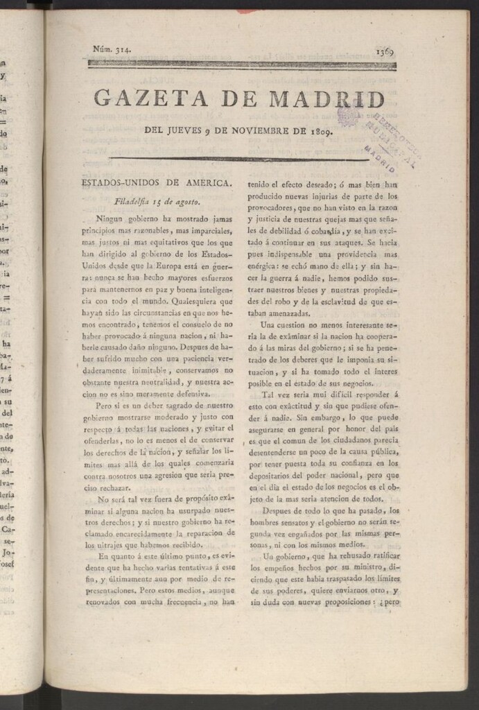 Miniatura de Gazeta de Madrid del 9 de noviembre de 1809