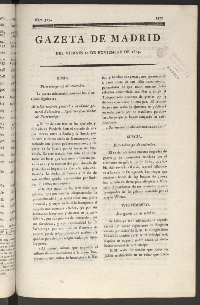 Miniatura de Gazeta de Madrid del 10 de noviembre de 1809