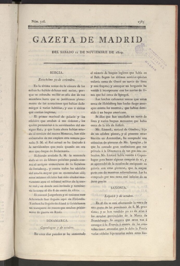 Miniatura de Gazeta de Madrid del 11 de noviembre de 1809