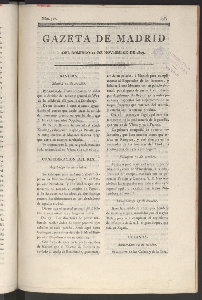 Miniatura de Gazeta de Madrid del 12 de noviembre de 1809