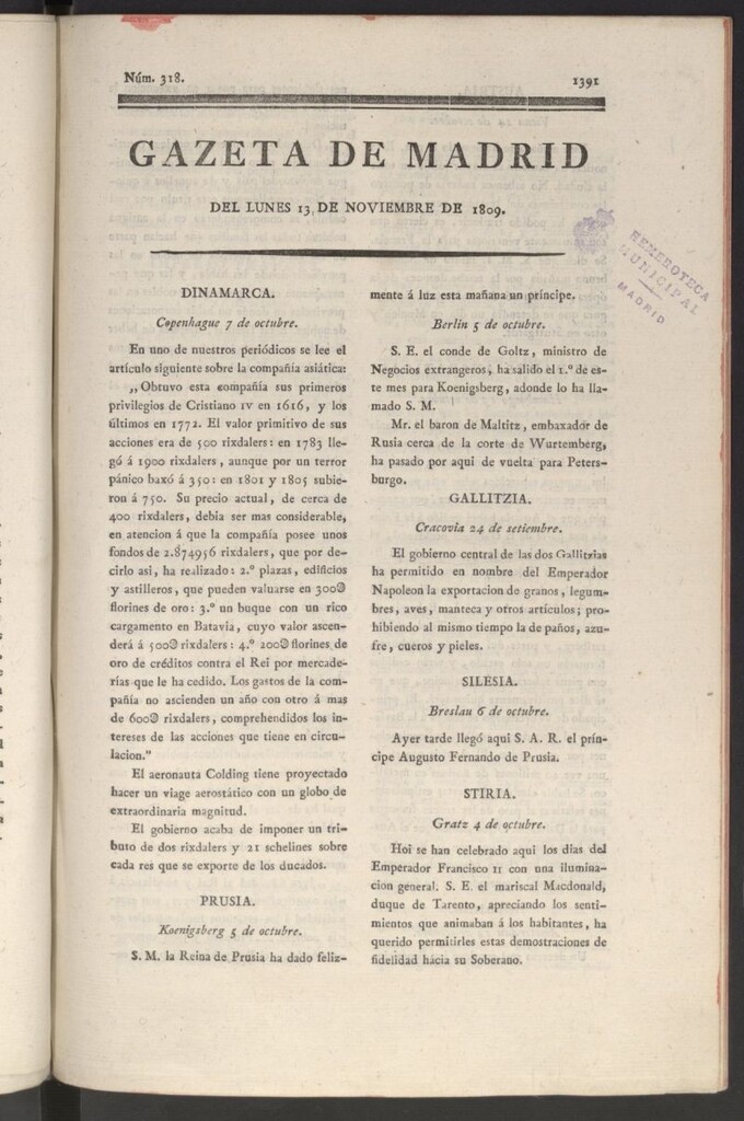Miniatura de Gazeta de Madrid del 13 de noviembre de 1809