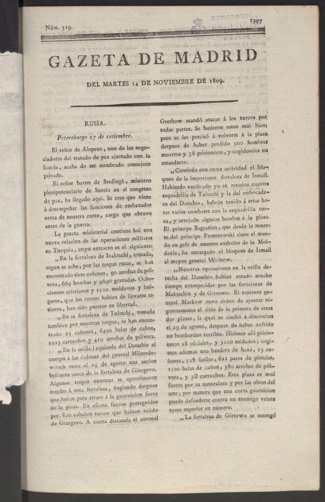 Miniatura de Gazeta de Madrid del 14 de noviembre de 1809