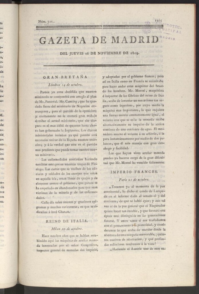 Miniatura de Gazeta de Madrid del 16 de noviembre de 1809