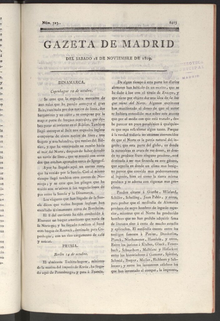 Miniatura de Gazeta de Madrid del 18 de noviembre de 1809