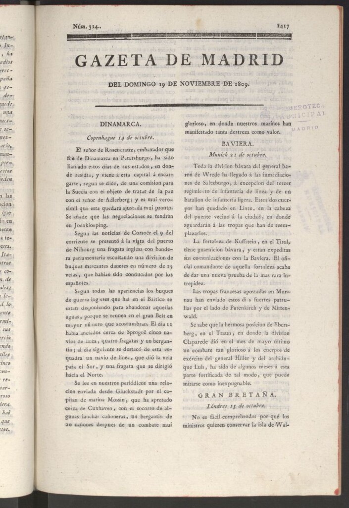 Miniatura de Gazeta de Madrid del 19 de noviembre de 1809
