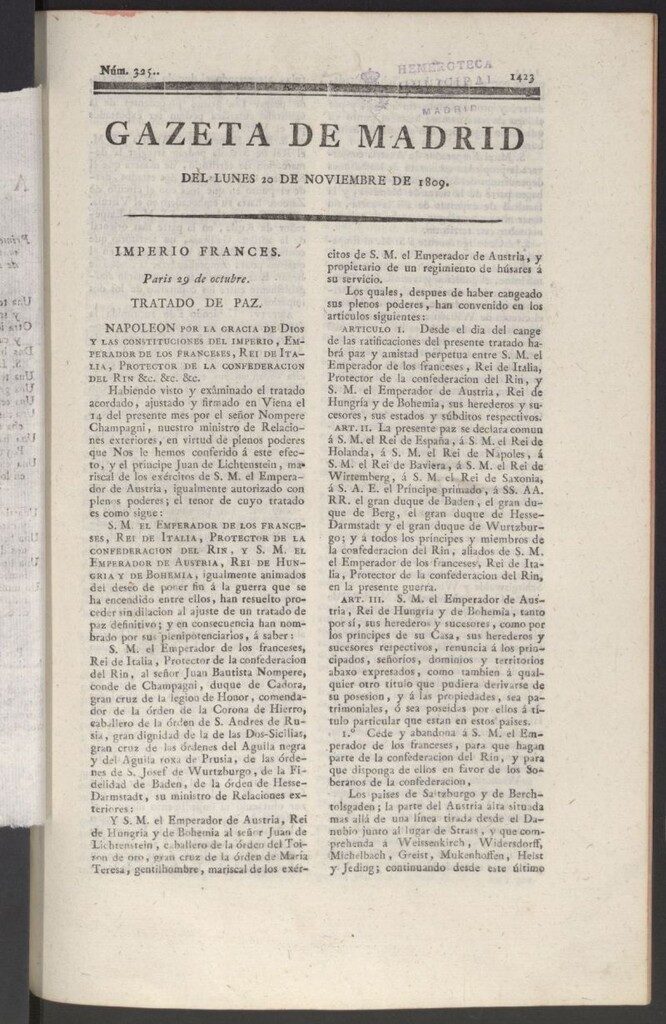 Miniatura de Gazeta de Madrid del 20 de noviembre de 1809