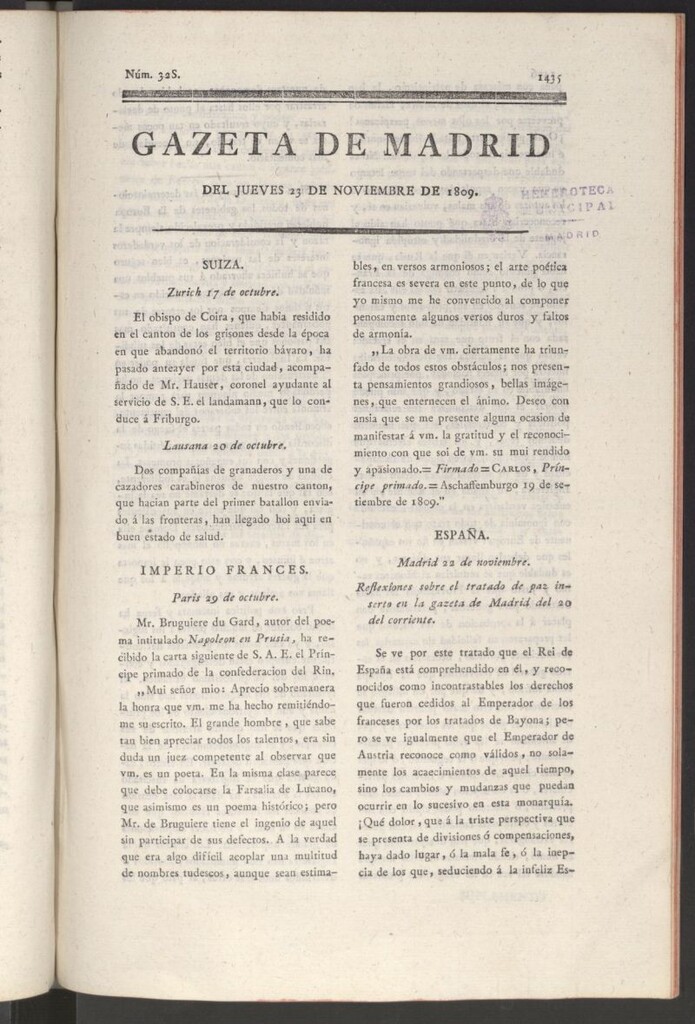 Miniatura de Gazeta de Madrid del 23 de noviembre de 1809