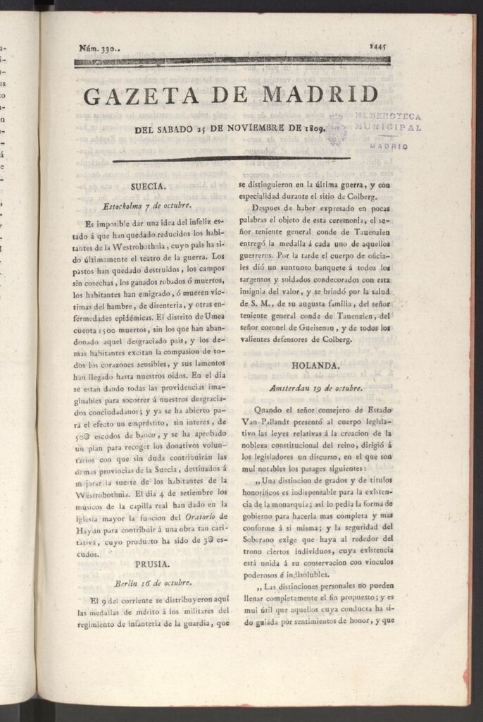 Miniatura de Gazeta de Madrid del 25 de noviembre de 1809