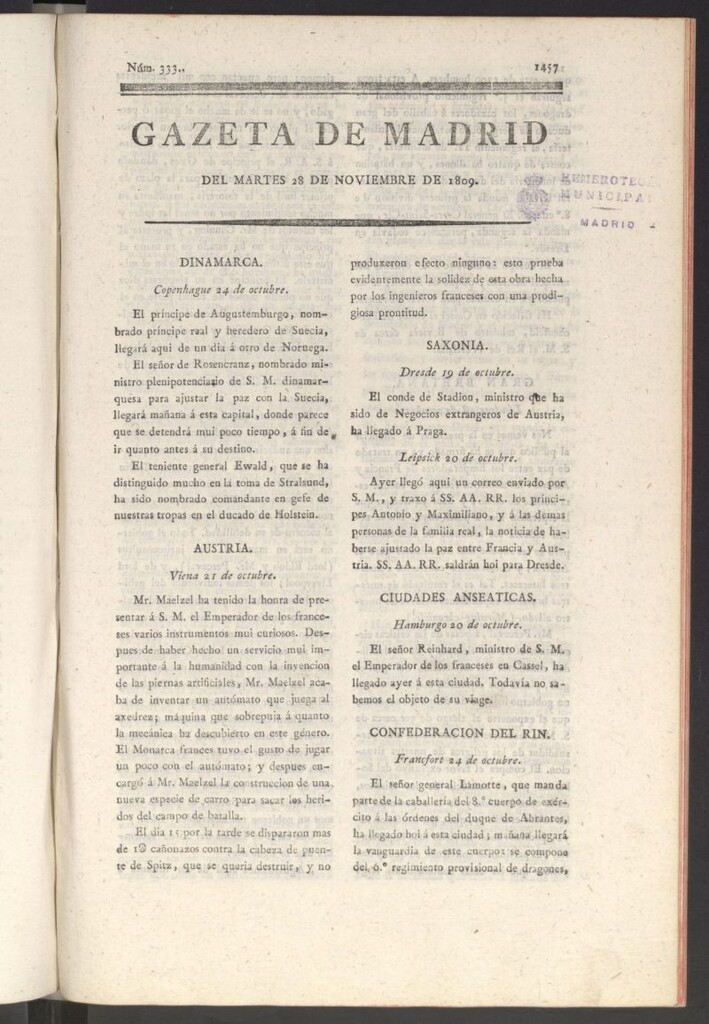 Miniatura de Gazeta de Madrid del 28 de noviembre de 1809