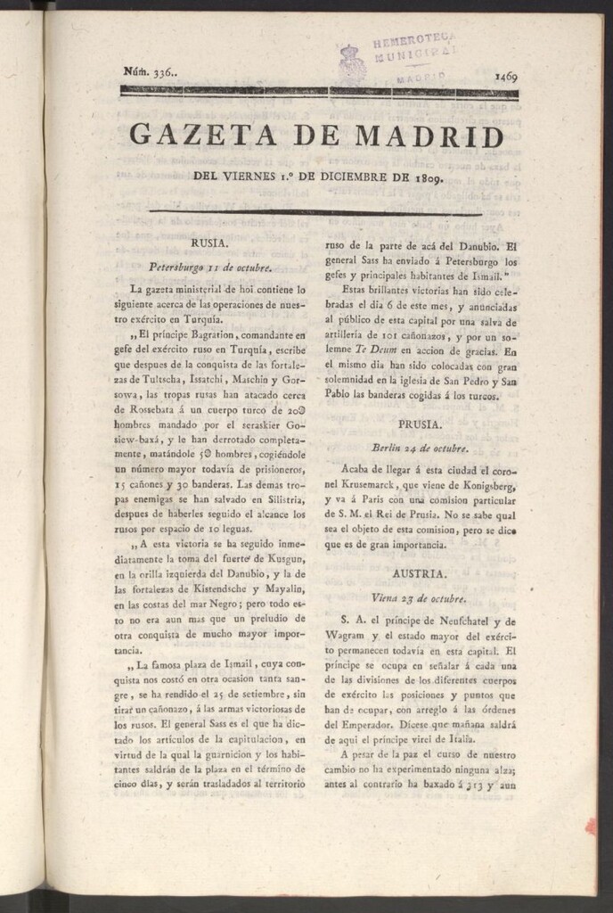 Miniatura de Gazeta de Madrid del 1 de diciembre de 1809