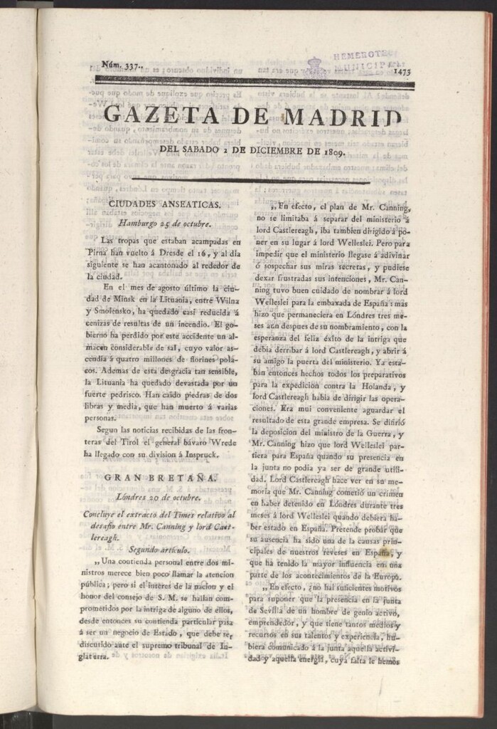 Miniatura de Gazeta de Madrid del 2 de diciembre de 1809