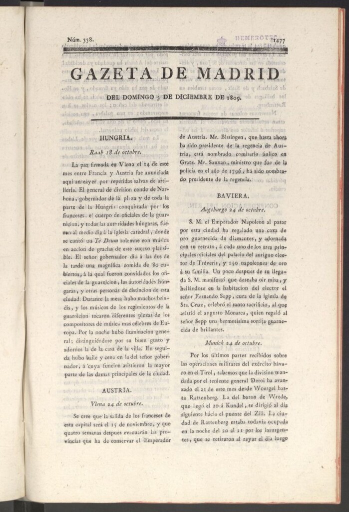 Miniatura de Gazeta de Madrid del 3 de diciembre de 1809