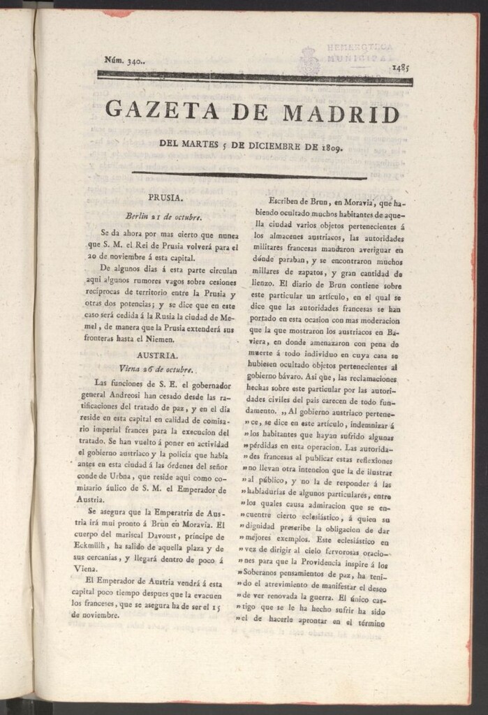 Miniatura de Gazeta de Madrid del 5 de diciembre de 1809