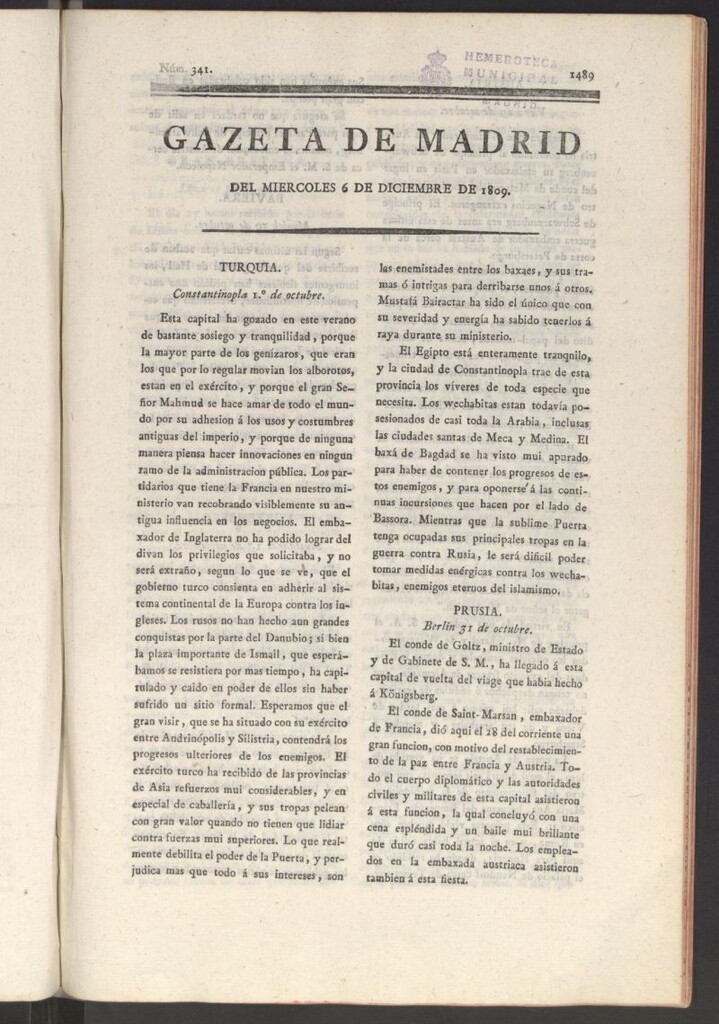 Miniatura de Gazeta de Madrid del 6 de diciembre de 1809