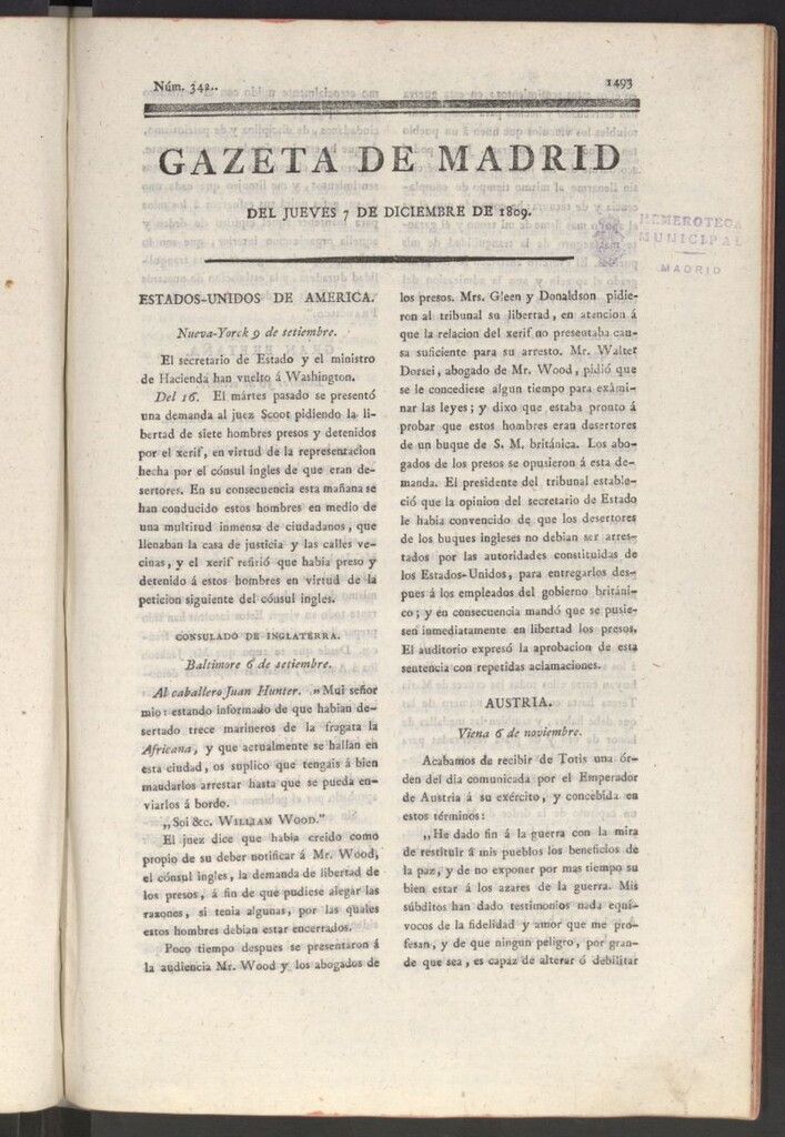 Miniatura de Gazeta de Madrid del 7 de diciembre de 1809