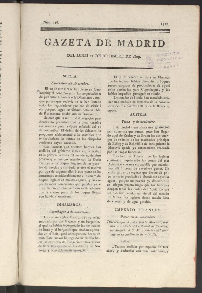 Miniatura de Gazeta de Madrid del 11 de diciembre de 1809