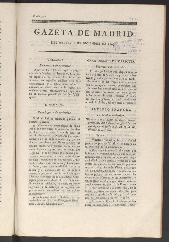 Miniatura de Gazeta de Madrid del 12 de diciembre de 1809